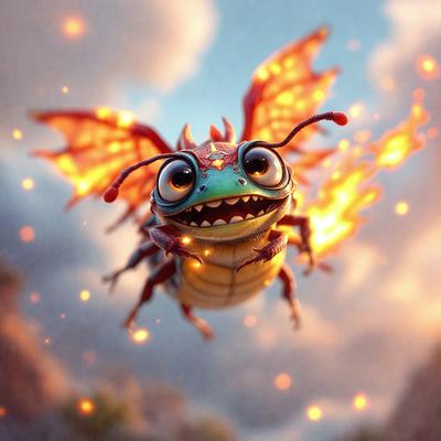The primary subject of the image is a cartoon-like dragon or insect with a green body and red wings. It is flying through the air, surrounded by a bright and colorful environment. The visual style of the image is digital art or illustration, with a vibrant and lively atmosphere.